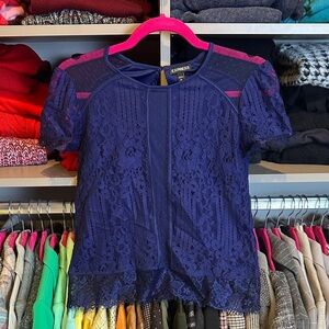 Express navy lace short sleeve back button keyhole closure lined blouse size XS